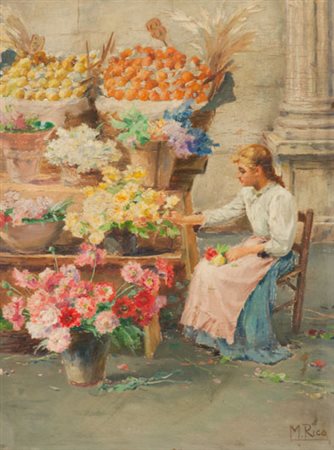 Martin Rico y Ortega La fioraia Olio su tavola, cm. 40x30 Firmato in basso a...