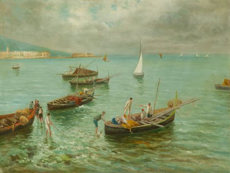 Attilio Pratella Barche e pescatori Olio su tela, cm. 38x50,5 Firmato in...
