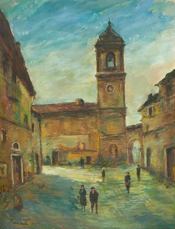 Michele Cascella Piazza con figure, 1935 Olio e tecnica mista su carta, cm....