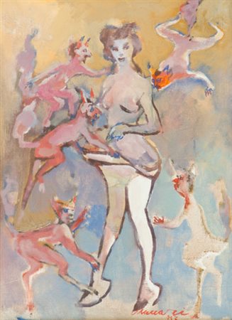 Mino Maccari Senza titolo, 1957 Olio su cartone telato, cm. 40x30 Firma e...