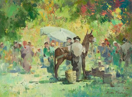 Giulio Da Vicchio Mercato, anni '60 Olio su tela, cm. 30x40 Firmato in basso...