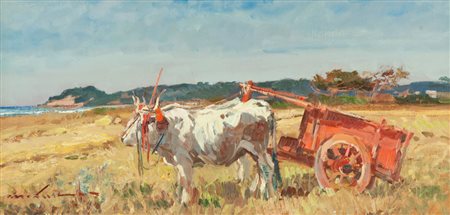 Masaniello Luschi Buoi al carro - Maremma Toscana Olio su tela, cm. 30x60...