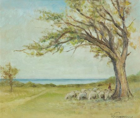 Ferruccio Pizzanelli Gregge al pascolo Olio su cartone, cm. 32x39 Firmato in...