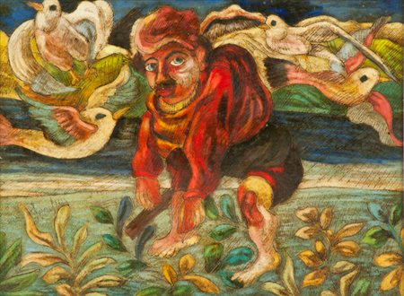 Giuseppe Serafini Figura ed uccelli Inchiostro tipografico su cartone inciso,...