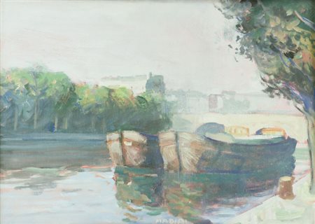 Mario Madiai Barche ormeggiate Olio su tela, cm. 50x69 Firmato in basso al...