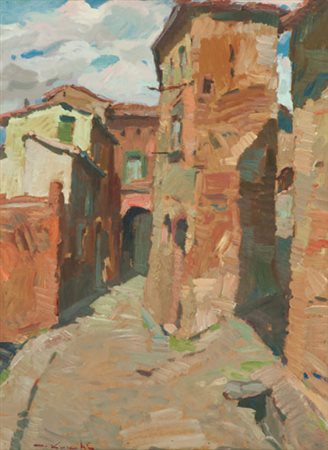 Masaniello Luschi Scorcio di paese Olio su faesite, cm. 80x60 Firmato in...