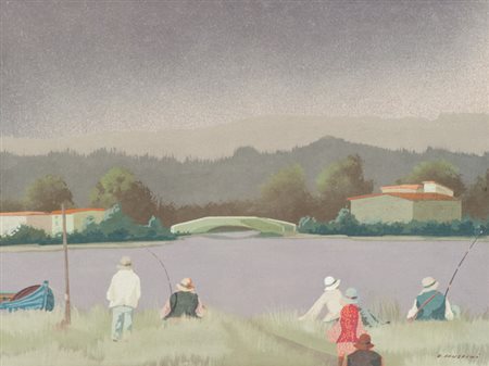 Enrico Faustini Pescatori Olio su tavola, cm. 30x40 Firmato in basso a...