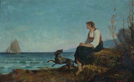 Nicola Torricini Marina con figura e cane, 1887 Olio su tavola, cm. 16x25...