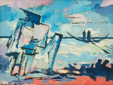 Voltolino Fontani Antico approdo, 1971 Olio su masonite, cm. 29,6x39,7...