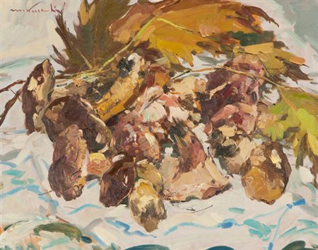 Masaniello Luschi Porcini e lardaioli, 1975 Olio su tela, cm. 40x50 Firmato...