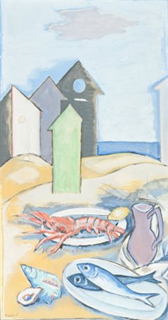 Orfeo Tamburi Natura morta sul mare Olio e tecnica mista su tela cm. 135x74...