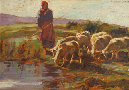 Carlo Domenici La pastora, metà anni '20 Olio su compensato, cm. 34,5x49,5...