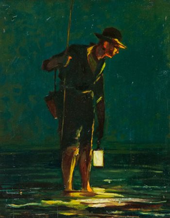 Renato Natali Pescatore di notte Olio su tavola, cm. 50x39,5 Firmato in basso...