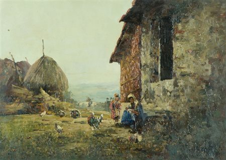 Ferruccio Rontini Nell'aia Olio su tavola, cm. 50x70 Firmato in basso a...