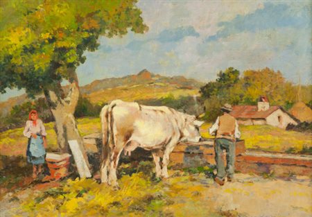 Carlo Domenici Scena agreste Olio su tavola, cm. 50x70 Firmato in basso a...