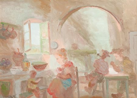 Guido Guidi Interno con figure Olio su tavola, cm. 50x70 Firmato in basso a...