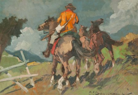 Carlo Domenici Buttero Olio su faesite, cm. 35x50 Firmato in basso a destra;...