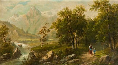 A. Melzer Paesaggio con figure Olio su tela, cm. 53x90 Firmato in basso a...