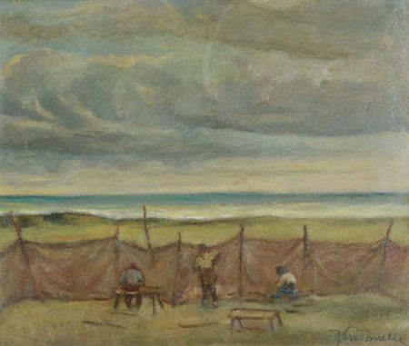 Ferruccio Pizzanelli Rammendatori di reti Olio su cartone, cm. 32,5x39...