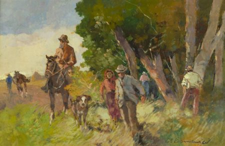 Carlo Domenici Maremmani nel bosco Olio su tavola, cm. 50x75 Firmato in basso...