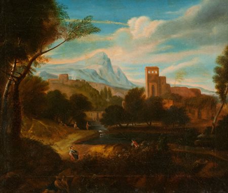 Anonimo dell'800 Paesaggio con figure Olio su tela, cm. 48,5x59 Craquelure...