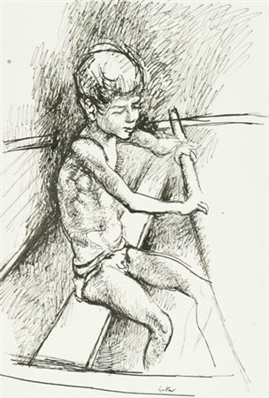 Renato Guttuso Bimbo con remo China su carta, cm. 49x34 Firmato in basso a...