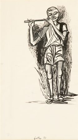 Renato Guttuso Bambino con piffero, 1950 China acquerellato, cm. 32,5x19...