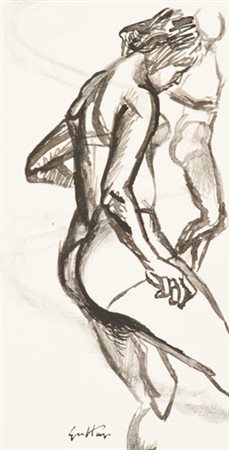 Renato Guttuso Nudo China acquerellata su carta, cm. 19,5x10 Firmato in basso...