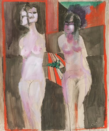 Bruno Cassinari Nudi, 1962 Acquerello e china su cartoncino applicato su...