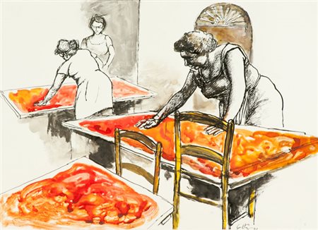 Renato Guttuso Donne che lavorano il pomodoro, 1976 Acquerello e china su...