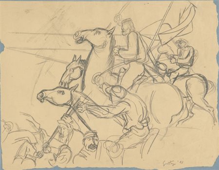 Renato Guttuso Garibaldi all'attacco, 1951 Matita su carta irregolare, cm....