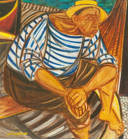 Giuseppe Migneco Pescatore Olio su tela, cm. 65x60 Firmato in basso a...