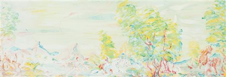 Aligi Sassu Paesaggio con figure e cavalli Tecnica mista su carta, cm. 25x70...