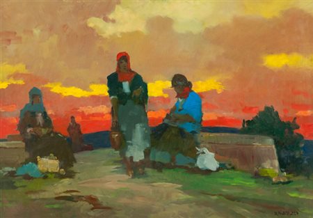 Renato Natali Riposo di contadine toscane Olio su faesite, cm. 50x70 Firmato...