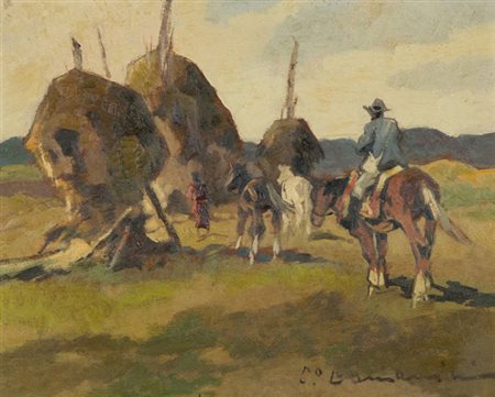 Carlo Domenici Scena agreste Olio su tavola, cm. 20x25 Firmato in basso a...