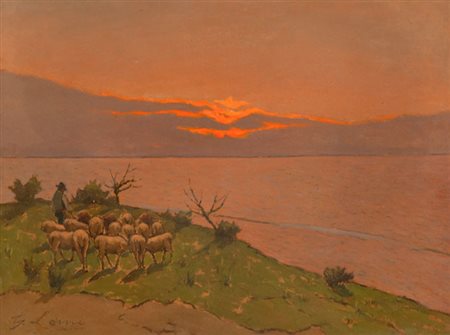 Giovanni Lomi Pascolo verso il tramonto, Maremma Olio su faesite, cm. 30x40...