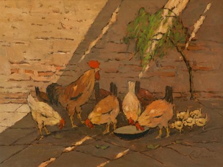 Giovanni Lomi Nel pollaio Olio su faesite, cm. 30x40 Firmato in basso a...