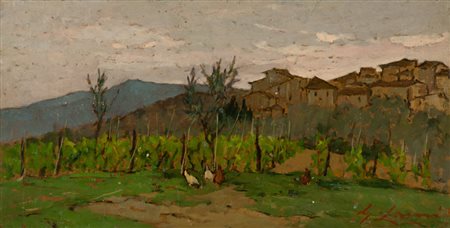 Giovanni Lomi Casciana Alta - grigio, 1940 Olio su tavola, cm. 16,5x31,5...