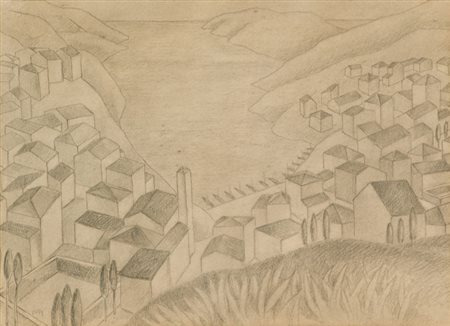 Ubaldo Oppi Paesaggio (Case con porto), 1914 Carboncino su carta, cm. 44,x60...