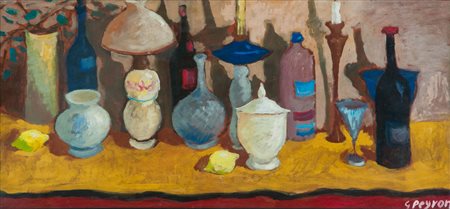 Guido Peyron Natura morta, anni '40 Olio su tavola, cm. 42,5x90 Firmato in...