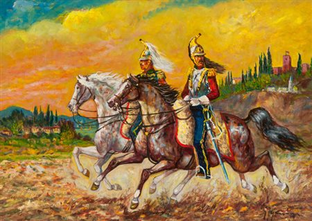 Giovan Franceso Gonzaga Corazieri al galoppo Olio su tela, cm. 50x70 Firmato...