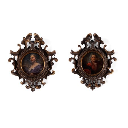 Coppia di miniature su tavoletta con ritratti di gentiluomo e gentildonna, Veneto o Emilia, XVIII secolo