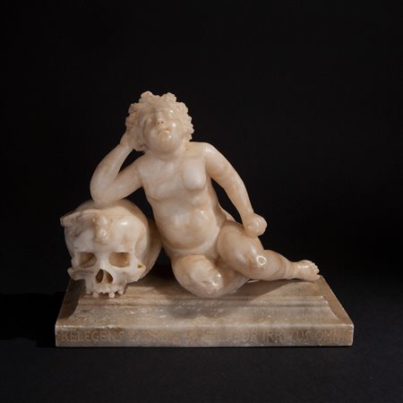 Splendida scultura in alabstro raffigurante un memento Mori, Italia centrale XVII secolo 