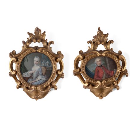 Coppia di miniature raffiguranti il senatore bolognese Girolamo II Ranuzzi conte della Porretta  e la sua consorte Marie Françoise d'Alsace de Henin-Lietard. Bologna XVIII secolo