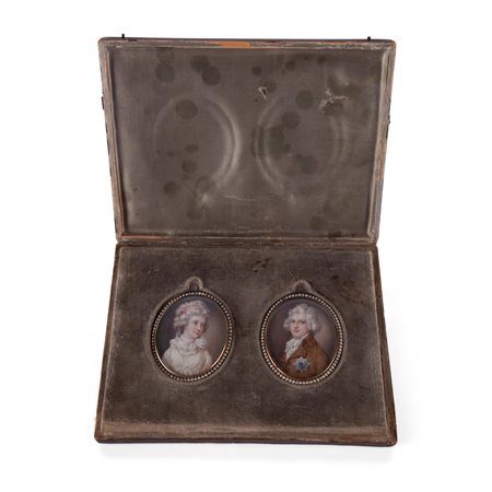 Coppia di miniature con ritratto di gentiluomo e gentildonna, Russia o Germania fine XVIII inizi del XIX secolo