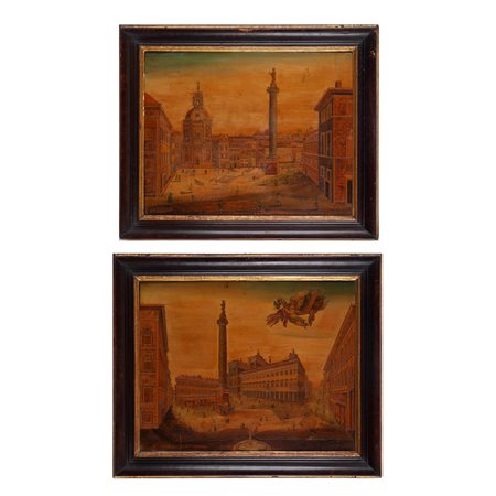 Artista sud-tedesco o tirolese, da Matteo Gregorio de' Rossi, metà XVIII secolo, Due rari pannelli intarsiati con vedute di Roma 