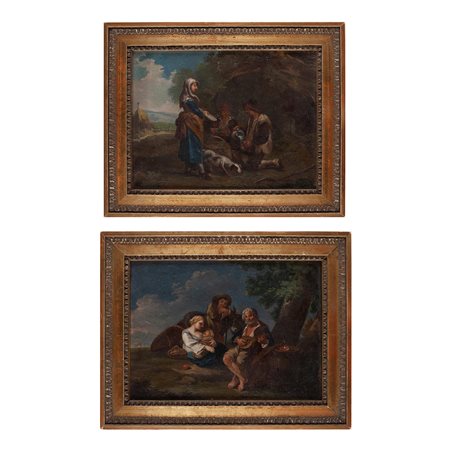 Paolo Monaldi (Roma 1710 - 1779), Coppia di paesaggi con riposo di contadini e viandanti