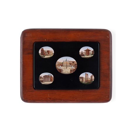 Placca in marmo nero del Belgio con cinque micromosaici, manifattura della RFSP 1880 ca.