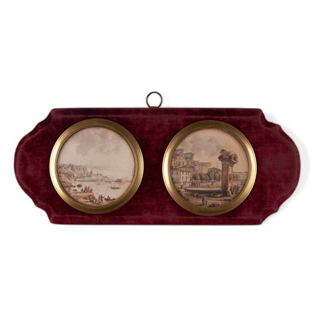 Due gouaches su carta raffiguranti una veduta di Napoli e una veduta di Roma, Francia fine XVIII inizi XIX secolo