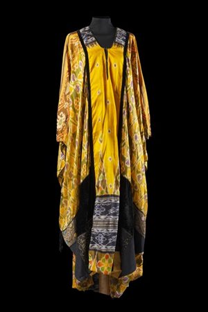 Grande caftano in seta fiammata e velluto nei toni del giallo e nero (tg. 44/46